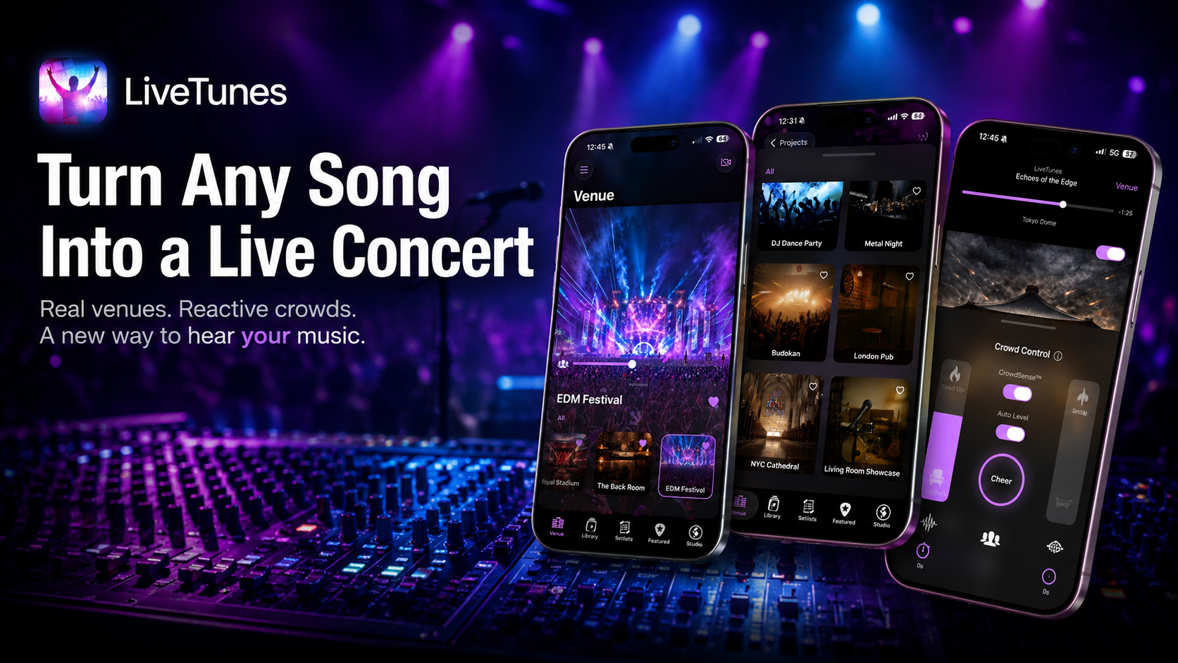LiveTunes shown on iPhone screens with concert lighting and live music controls