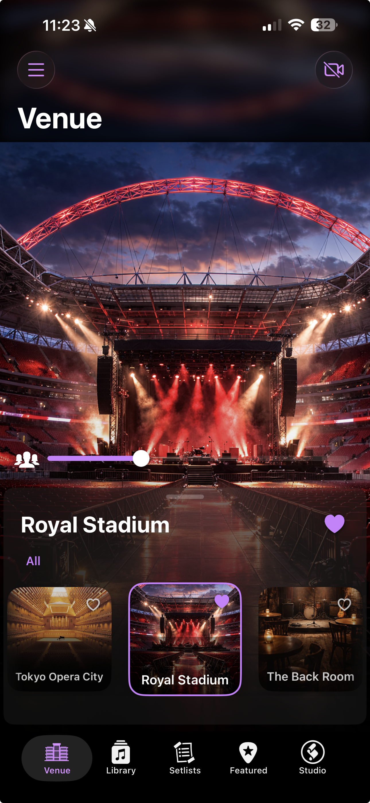 LiveTunes venue browser showing Royal Stadium and venue selection cards