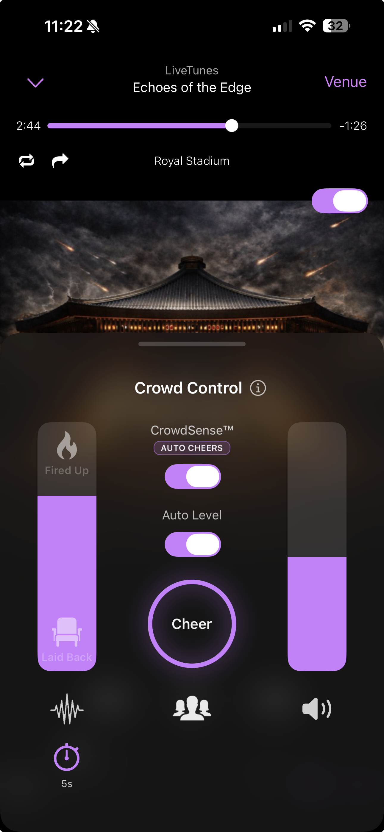 LiveTunes Crowd Control screen with CrowdSense, Auto Level, and manual cheer controls