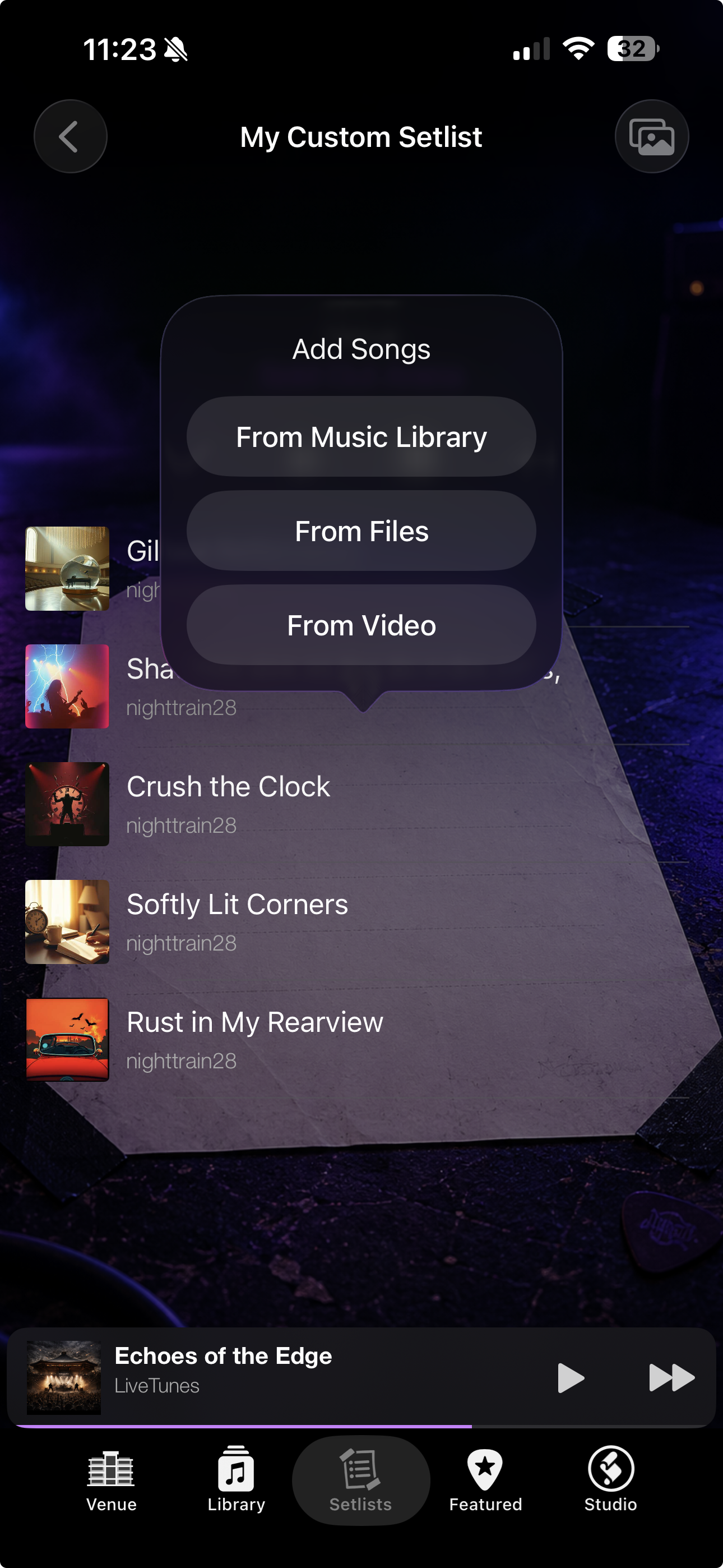 LiveTunes custom setlist screen showing import options from Music Library, Files, and Video