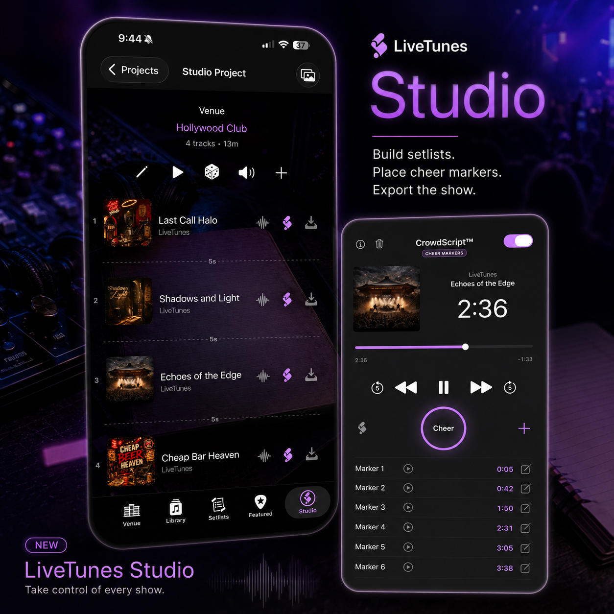 LiveTunes Studio interface showing setlist building and CrowdScript cheer markers